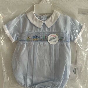 NWT! Light Blue Smocked Bubble with Embroidered Animals & White Peter Pan Collar
